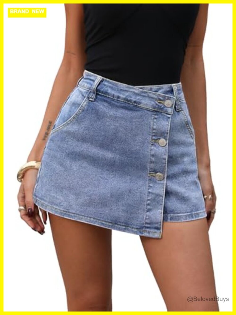 ELLEVEN Denim Wrap Mini Skorts with Button Front